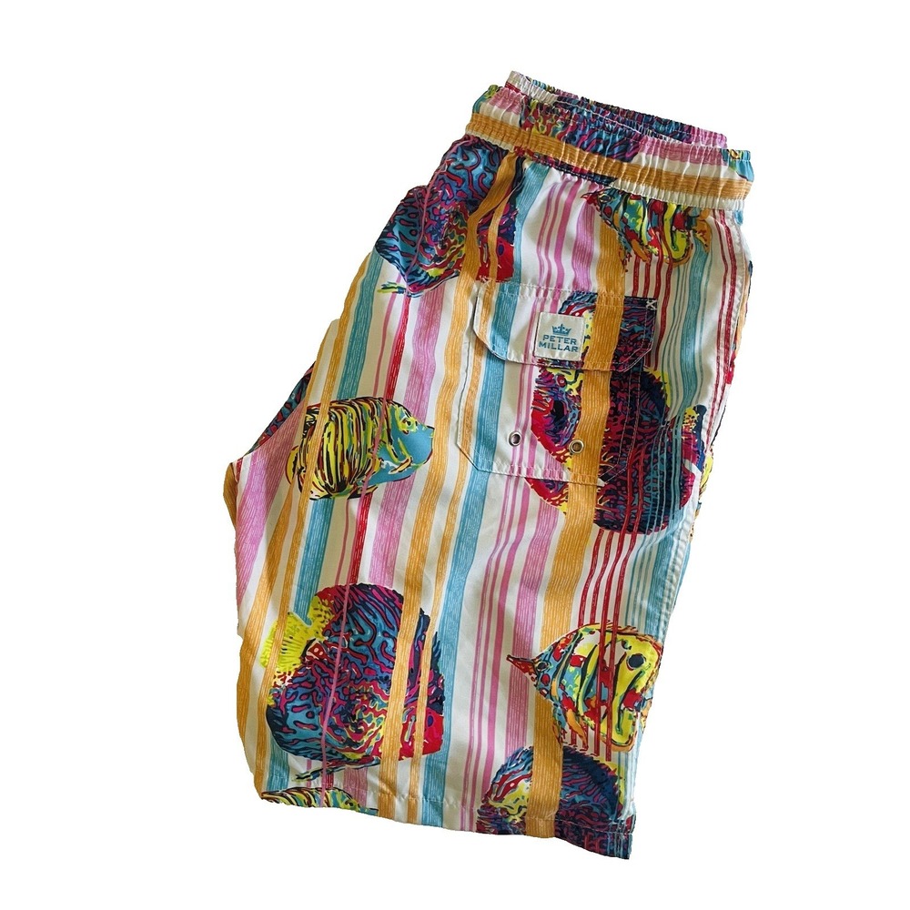 Peter Millar Swim Trunks Striped Fish Print Elastic Waist Drawstring Pockets L